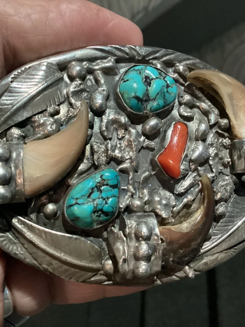 BEAR Claw BELT BUCKLE. OLD PAWN ? CORAL TURQUOISE. SIGNED “SC”